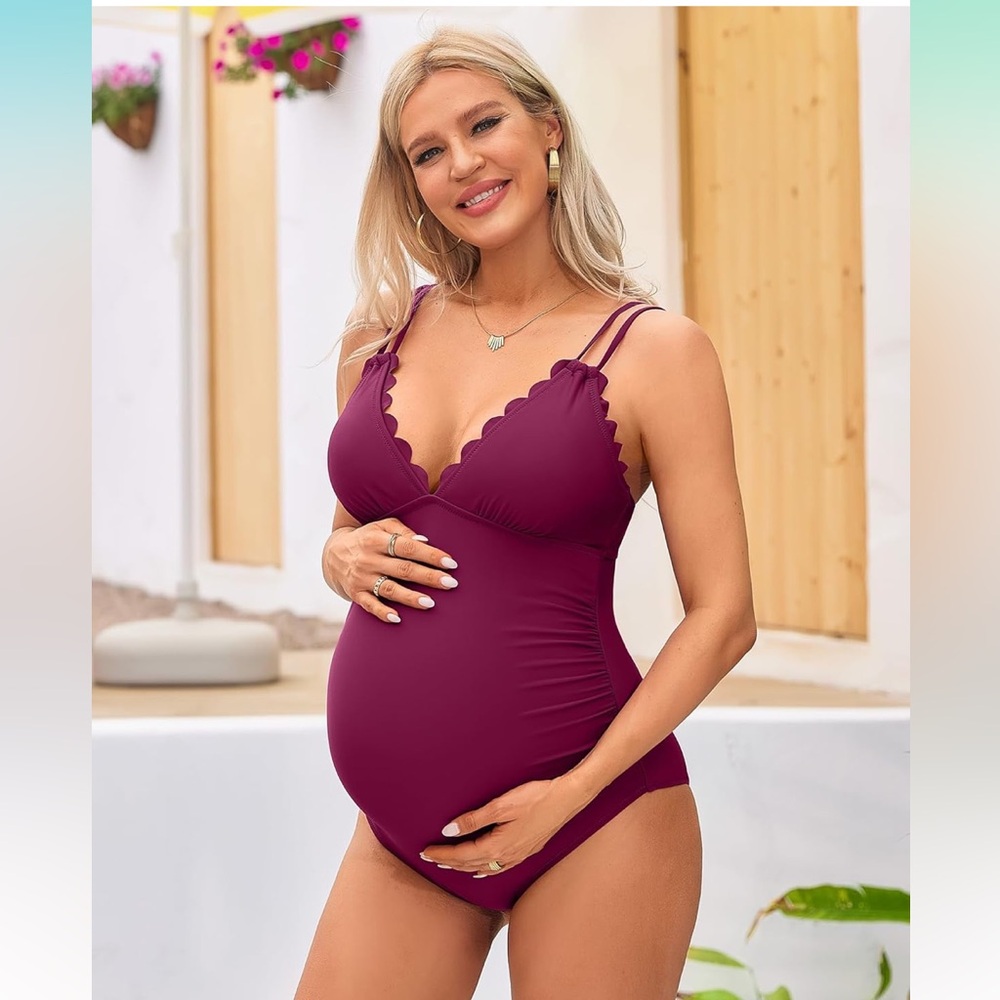 🚘Women's Scalloped One Piece Swimsuit wine red maternity V neck rushed tie back - Picture 4 of 14